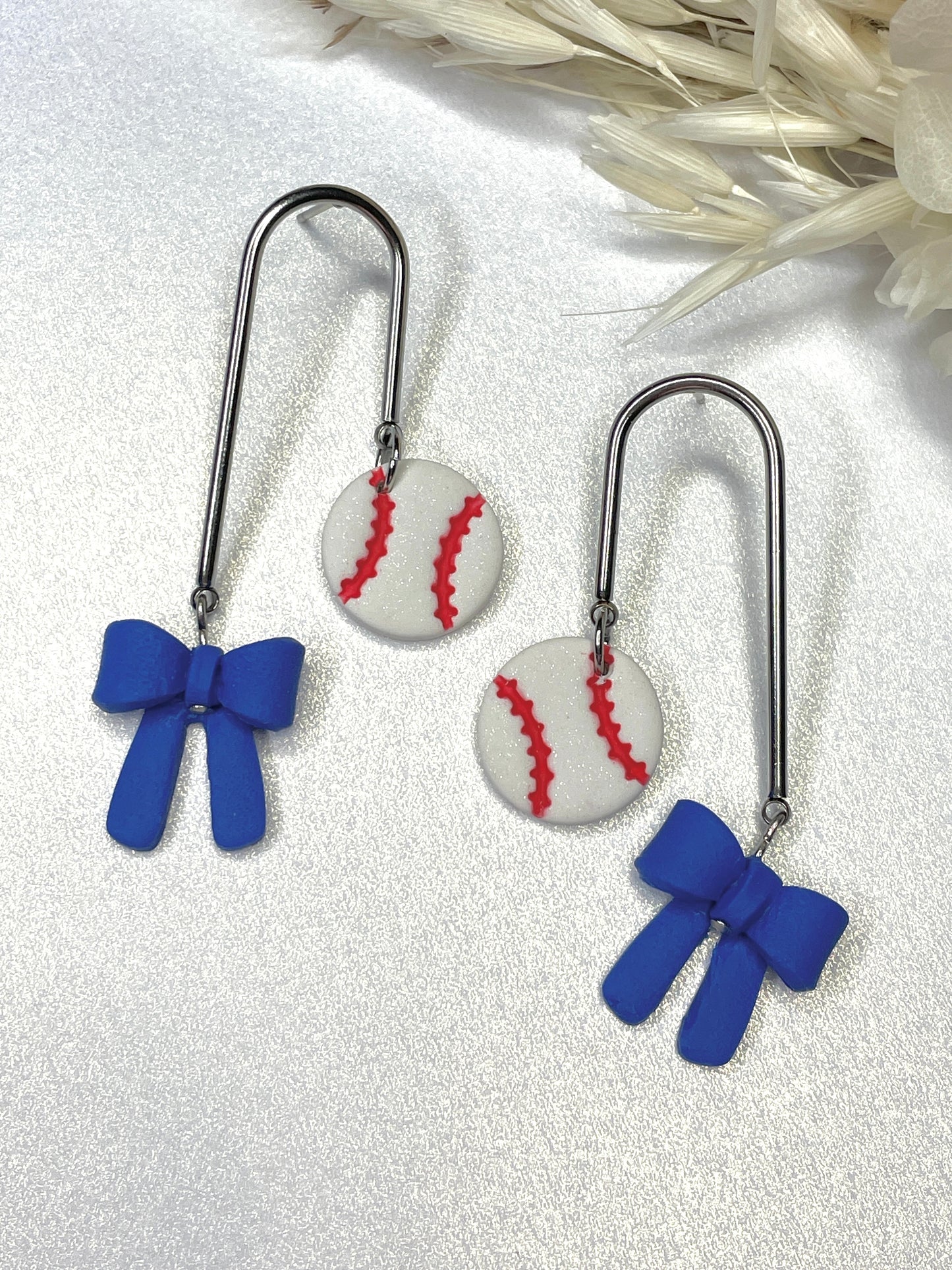 Handmade Baseball & Bow Dangle Earrings
