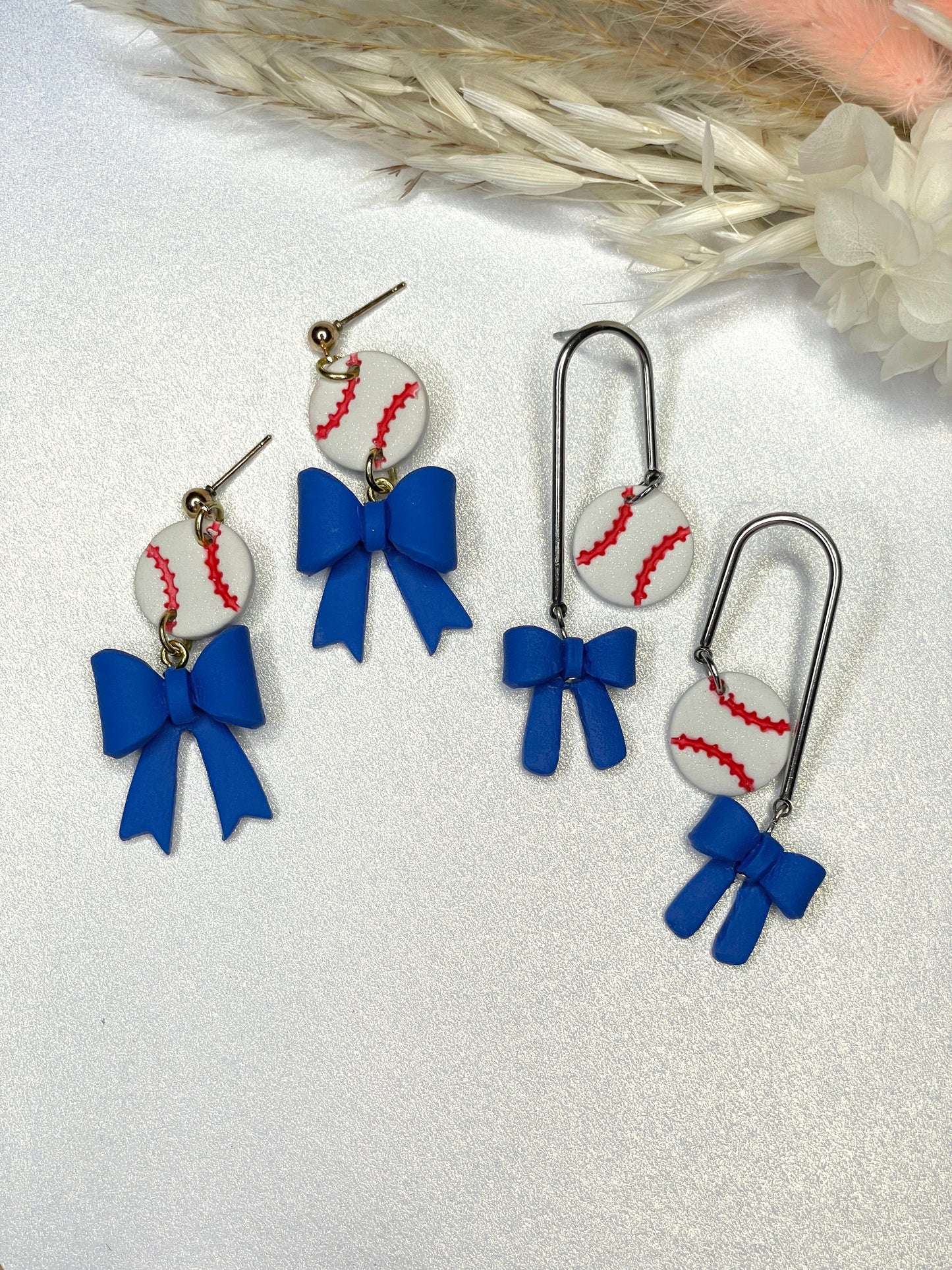 Handmade Baseball & Bow Dangle Earrings