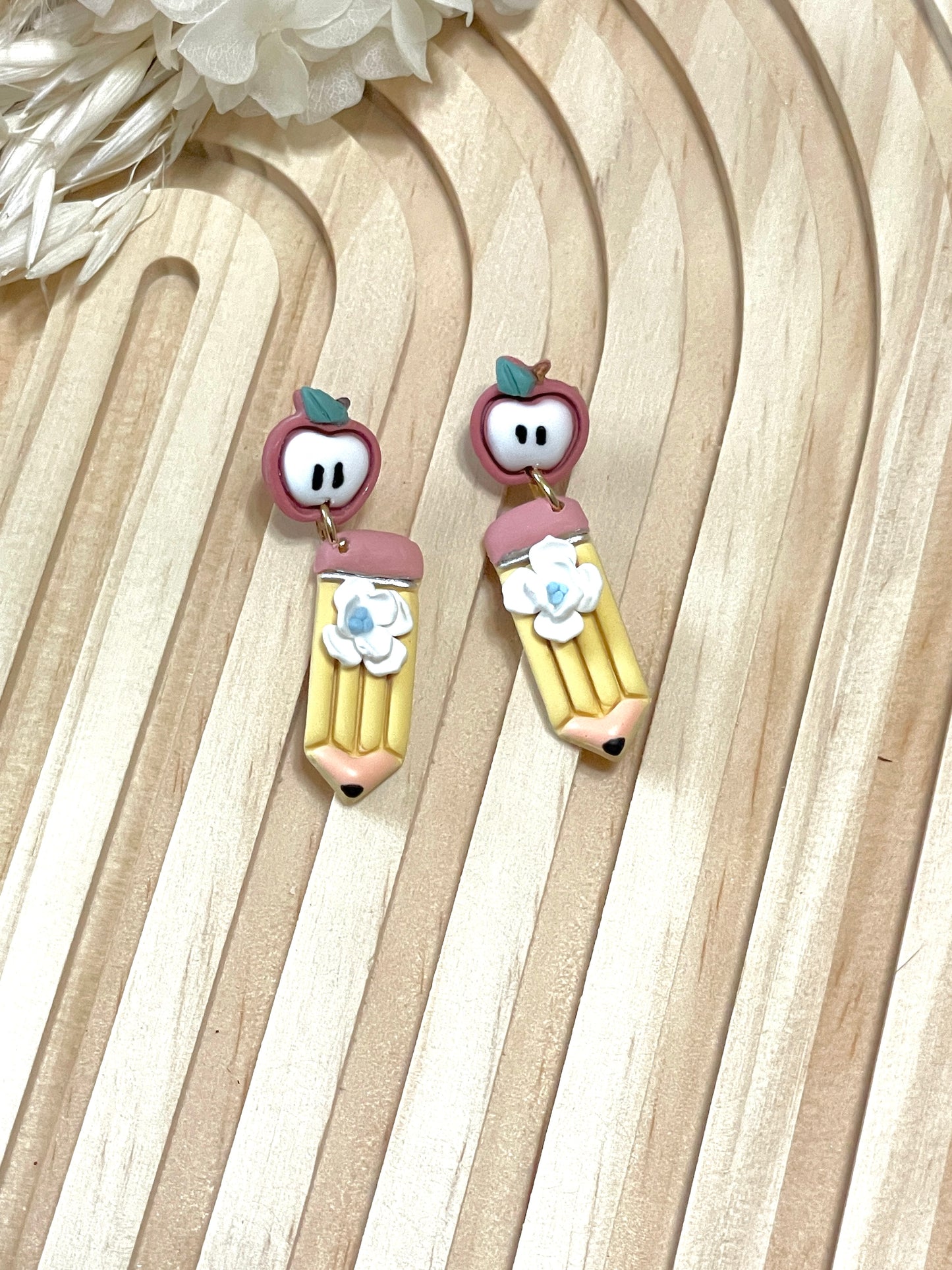 Handmade Apple and Pencil Dangle Earrings