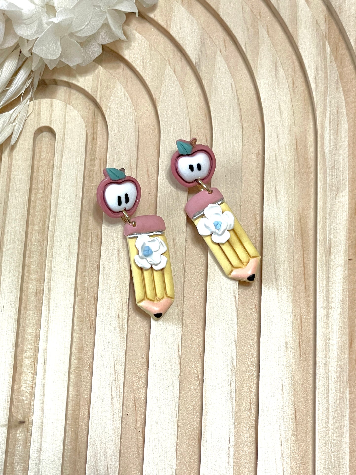 Handmade Apple and Pencil Dangle Earrings