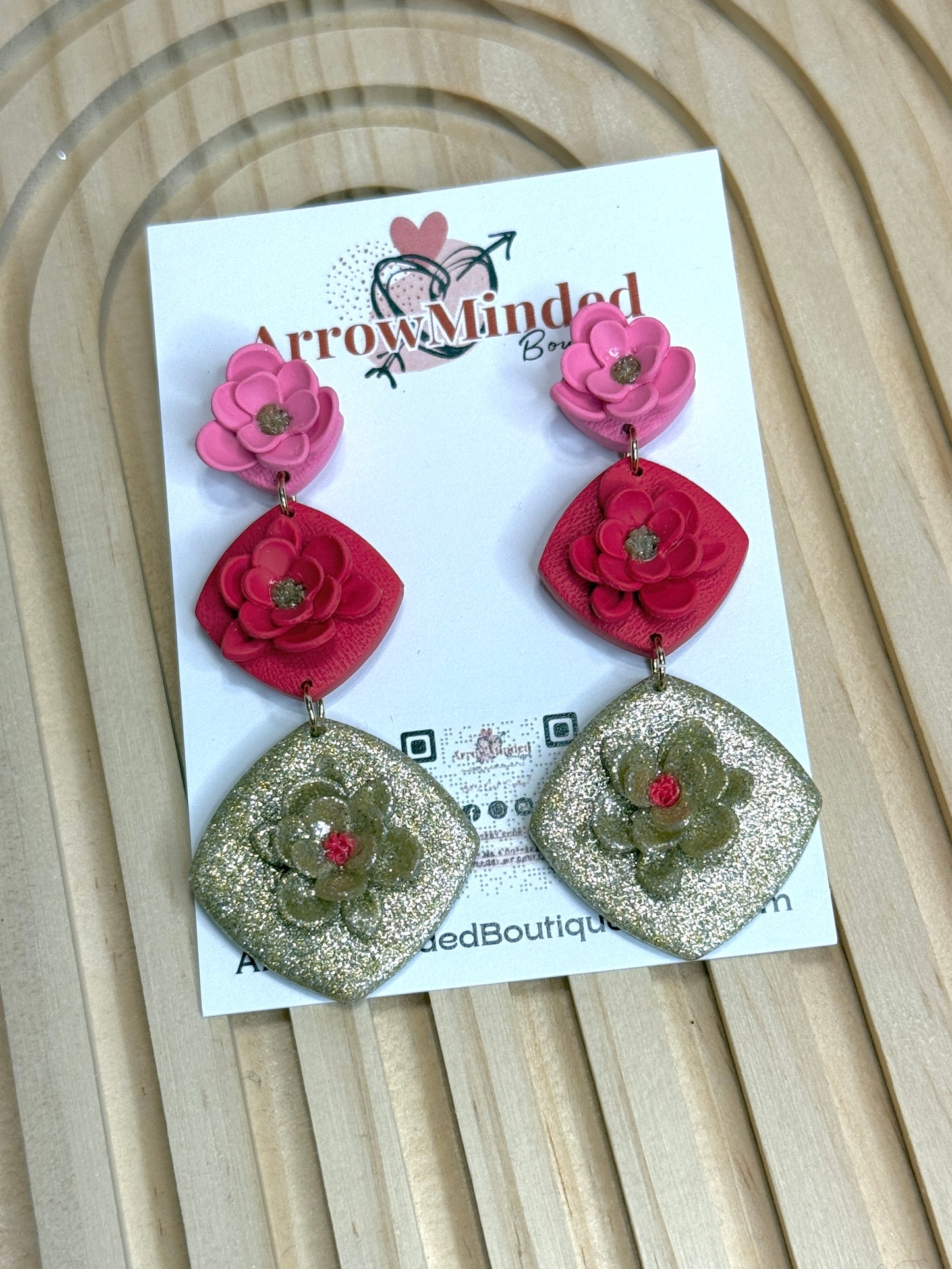 Handmade Pink Red Gold Floral Dangle Earrings