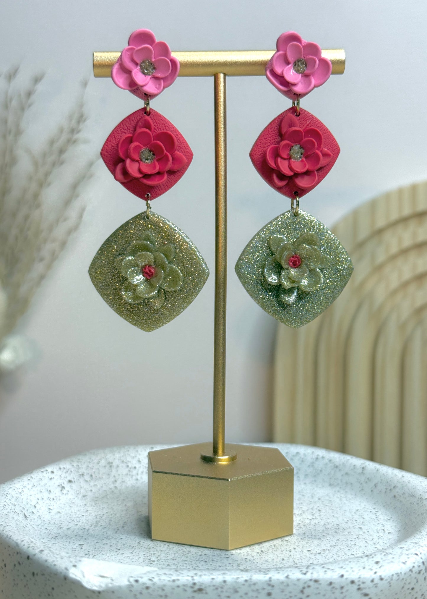 Handmade Pink Red Gold Floral Dangle Earrings