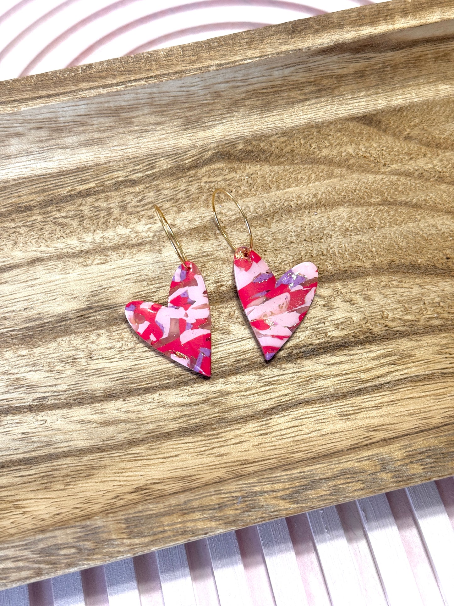 Handmade Crimson & Charm Heart Hoops