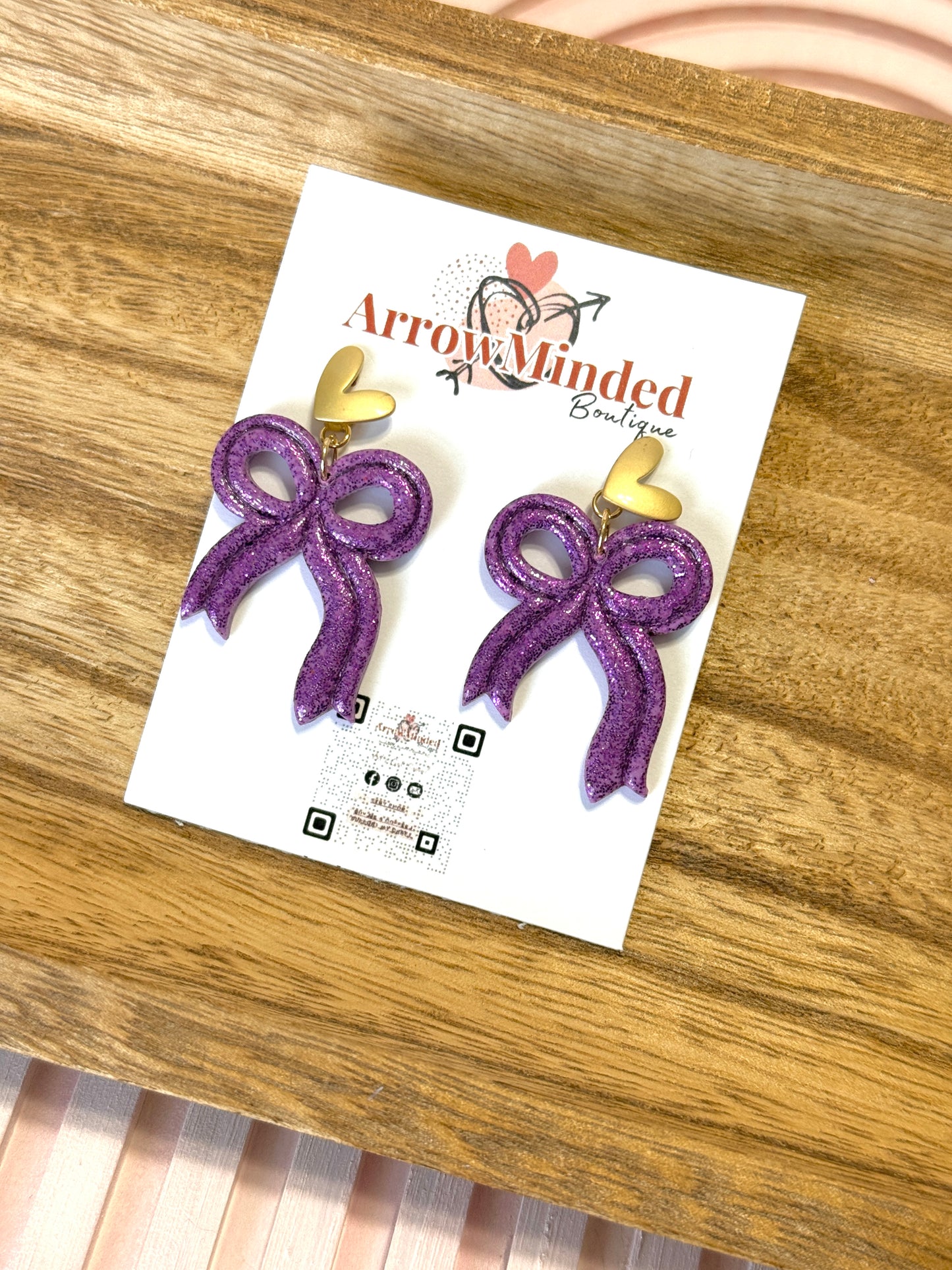 Handmade Sweetheart Sparkly Purple Bow Earrings