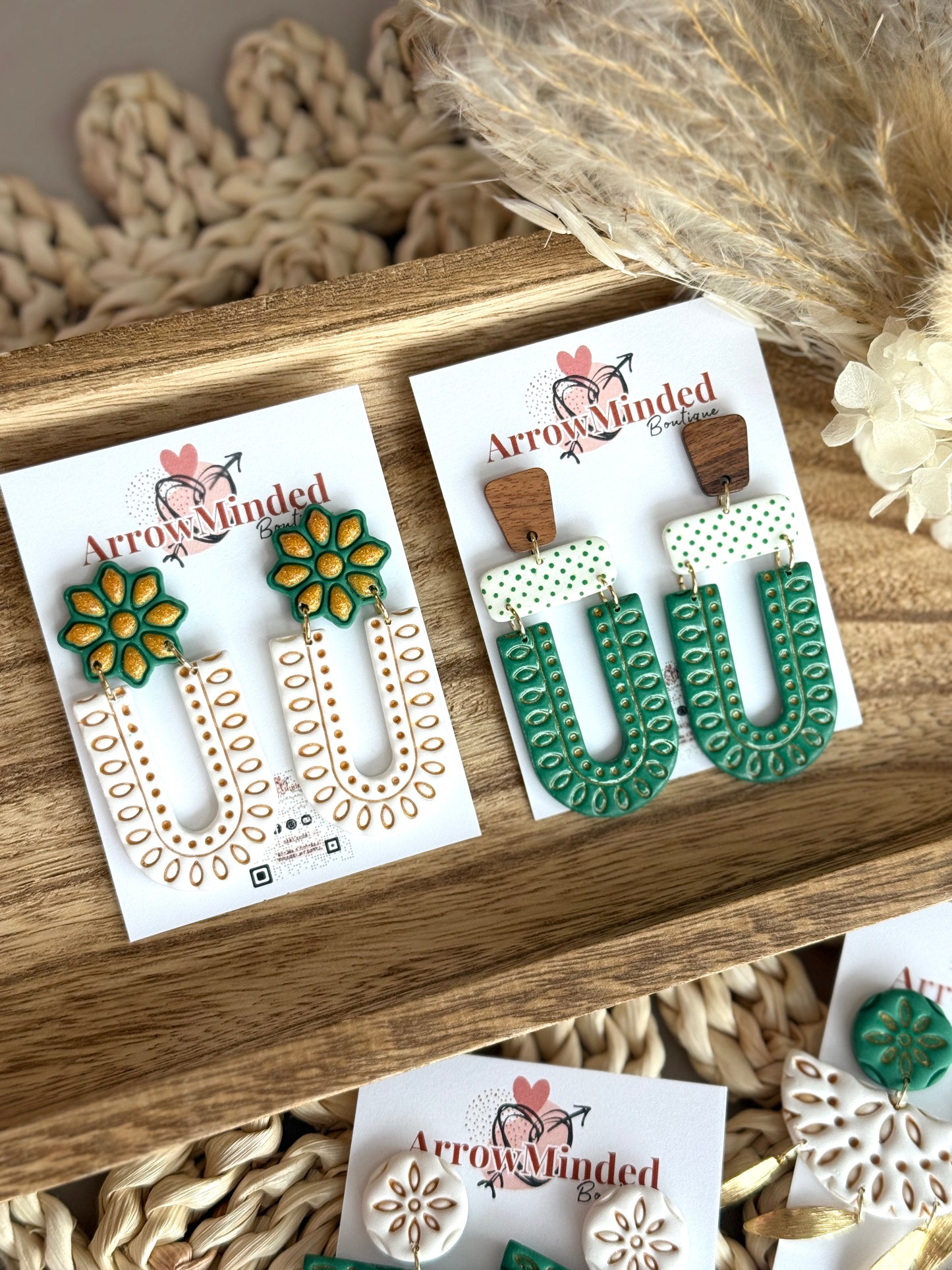 Handmade Boho Green White Arch Earrings