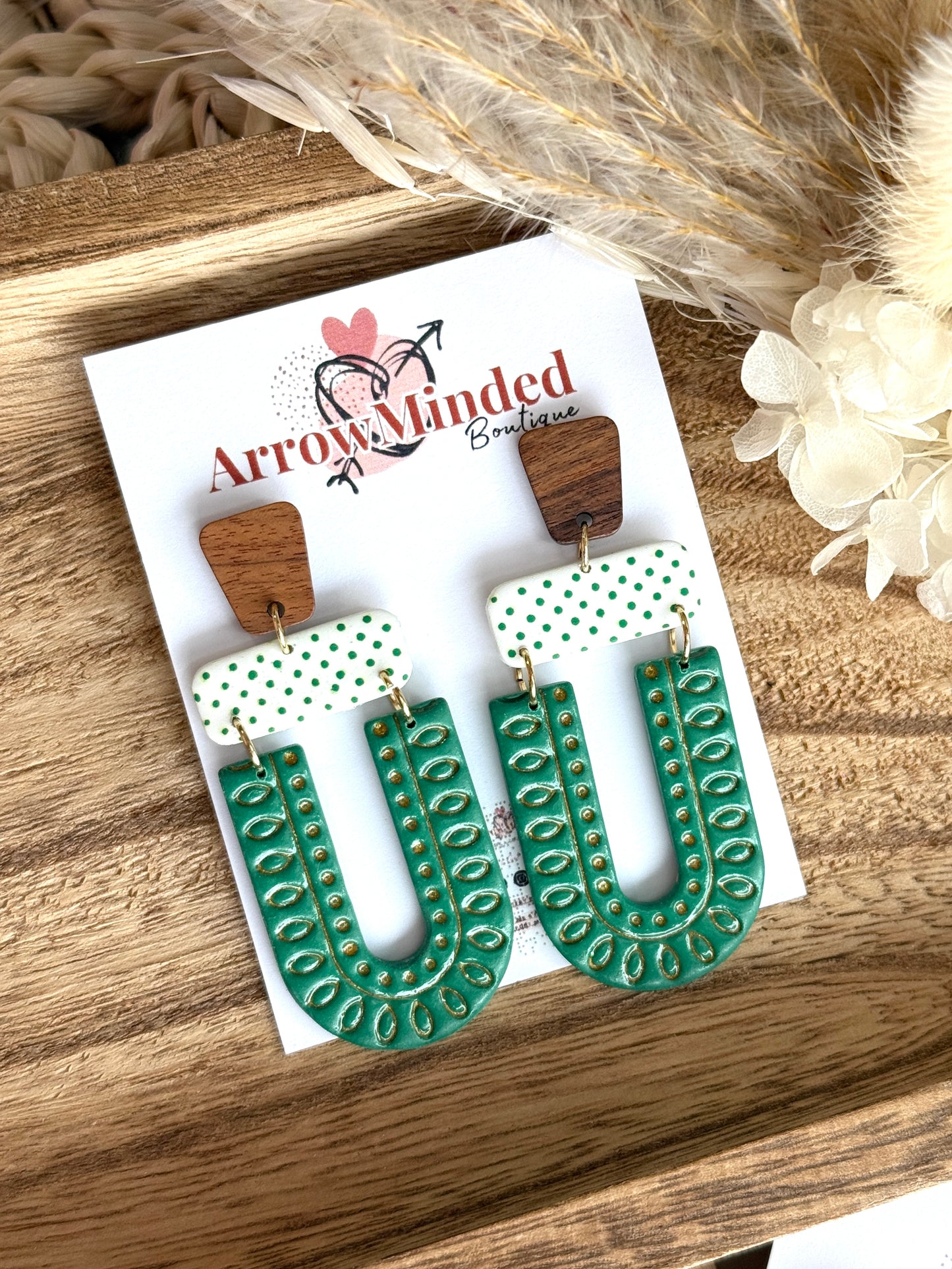 Handmade Boho Green White Arch Earrings
