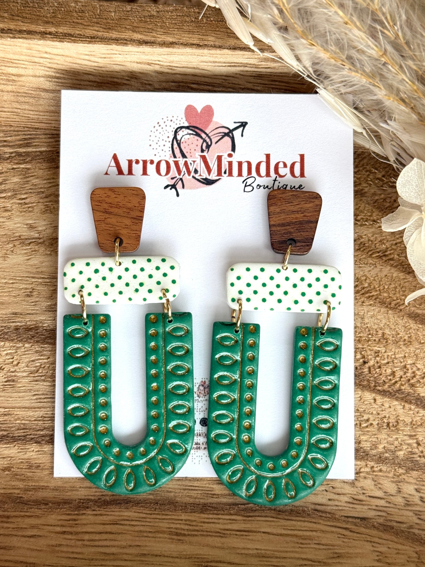 Handmade Boho Green White Arch Earrings