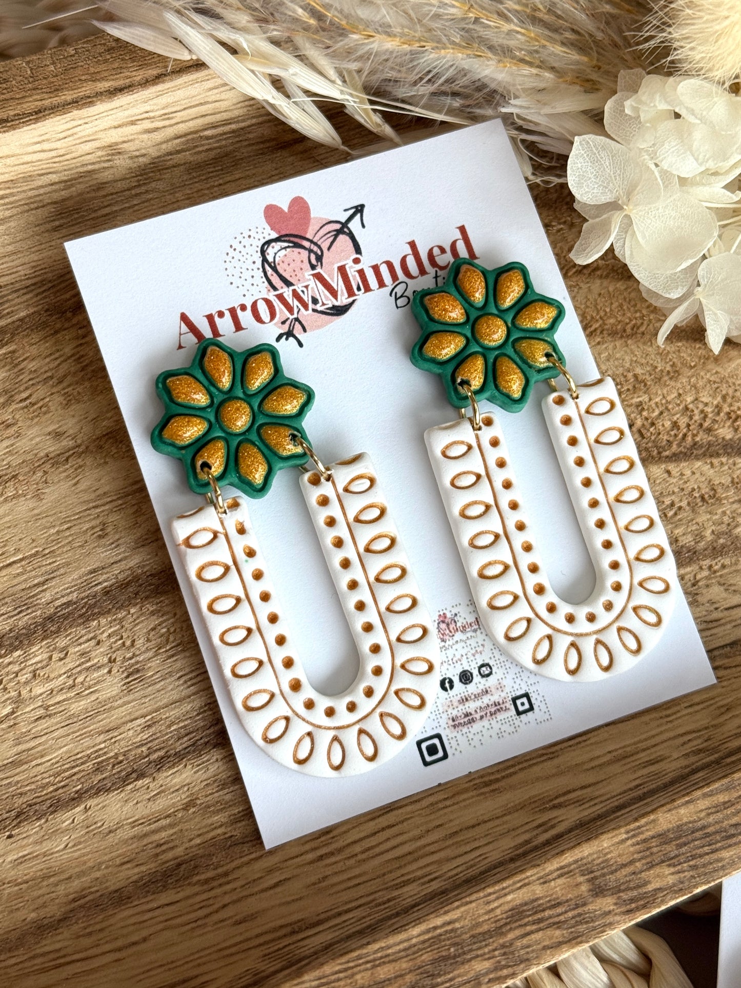 Handmade Boho Green White Arch Earrings