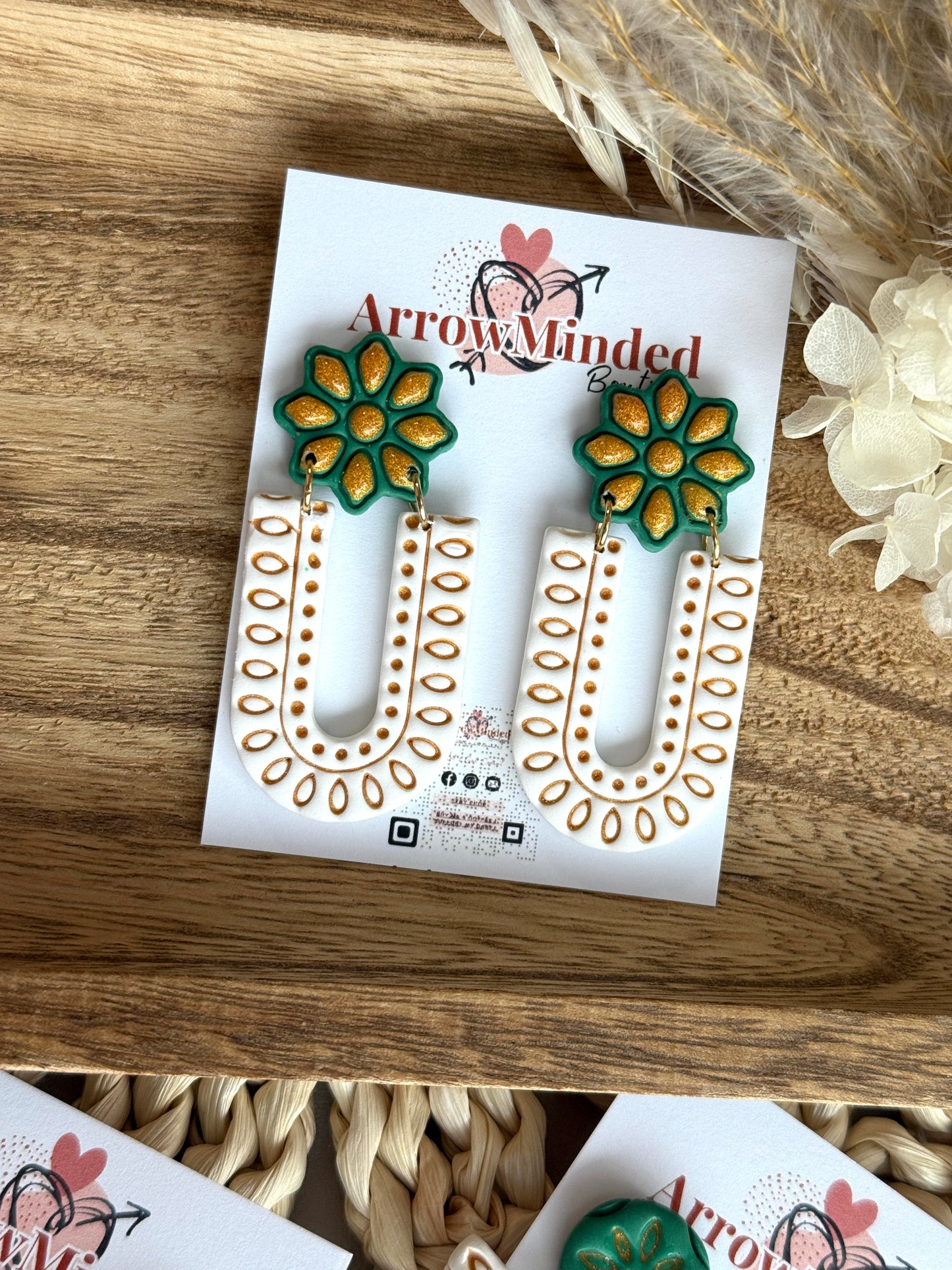 Handmade Boho Green White Arch Earrings