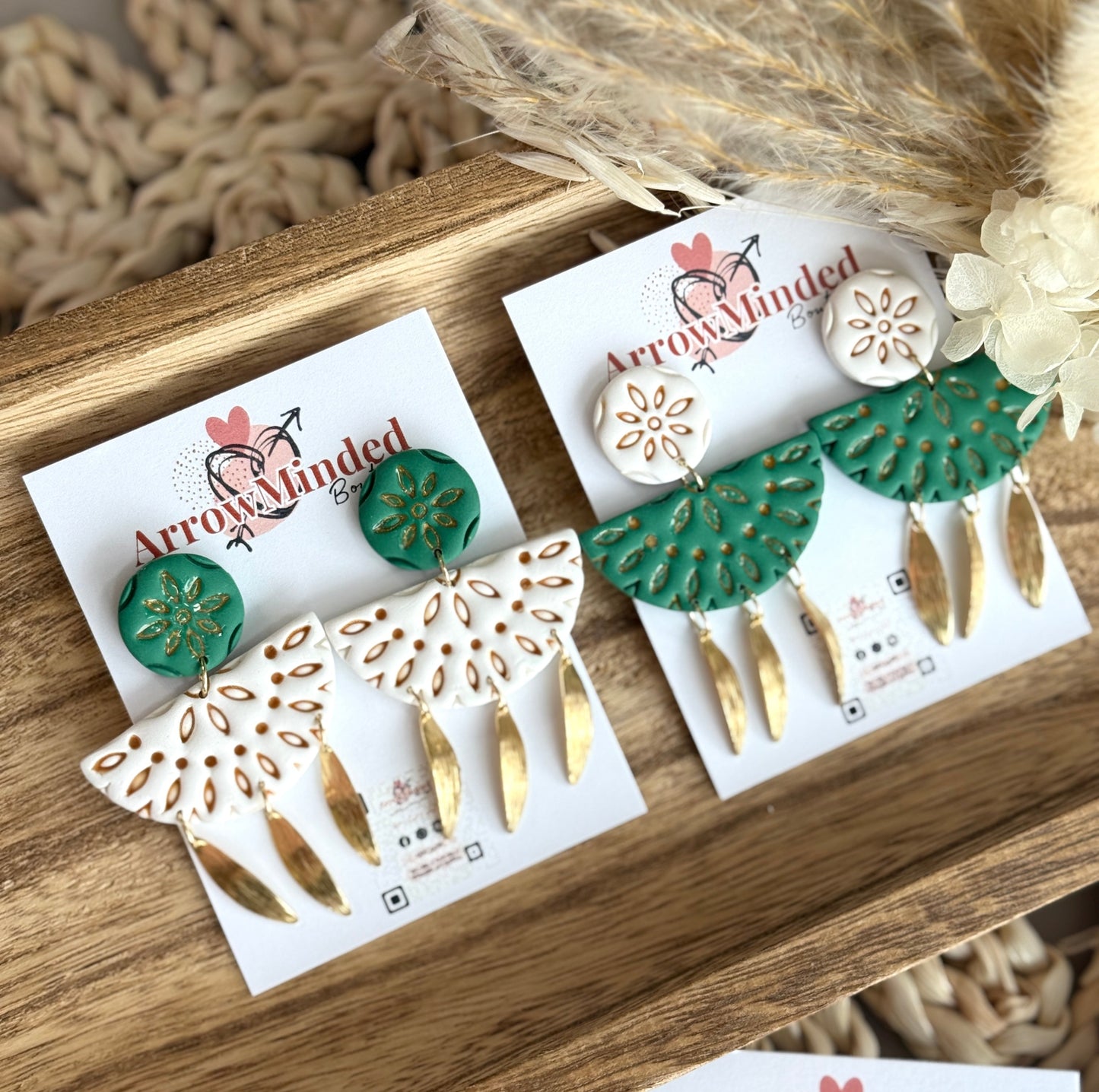Handmade Boho Green & White Gold Dangles