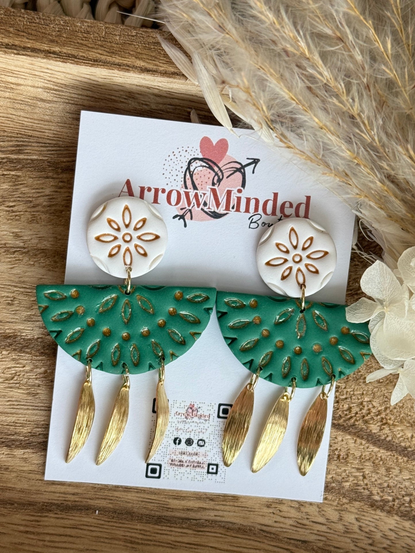 Handmade Boho Green & White Gold Dangles