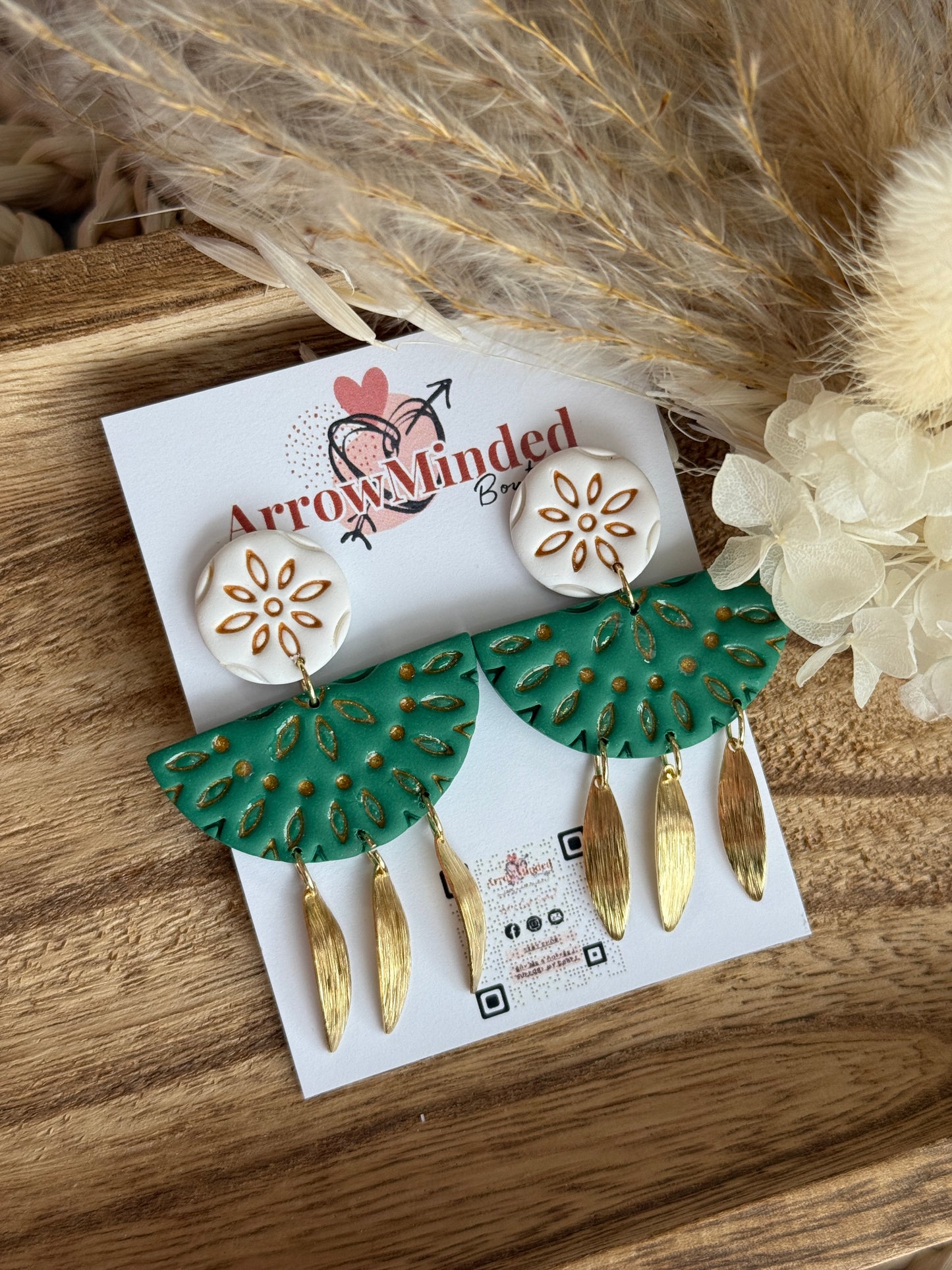 Handmade Boho Green & White Gold Dangles