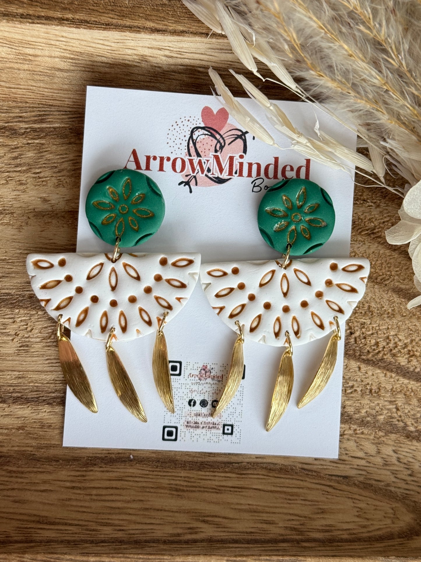 Handmade Boho Green & White Gold Dangles
