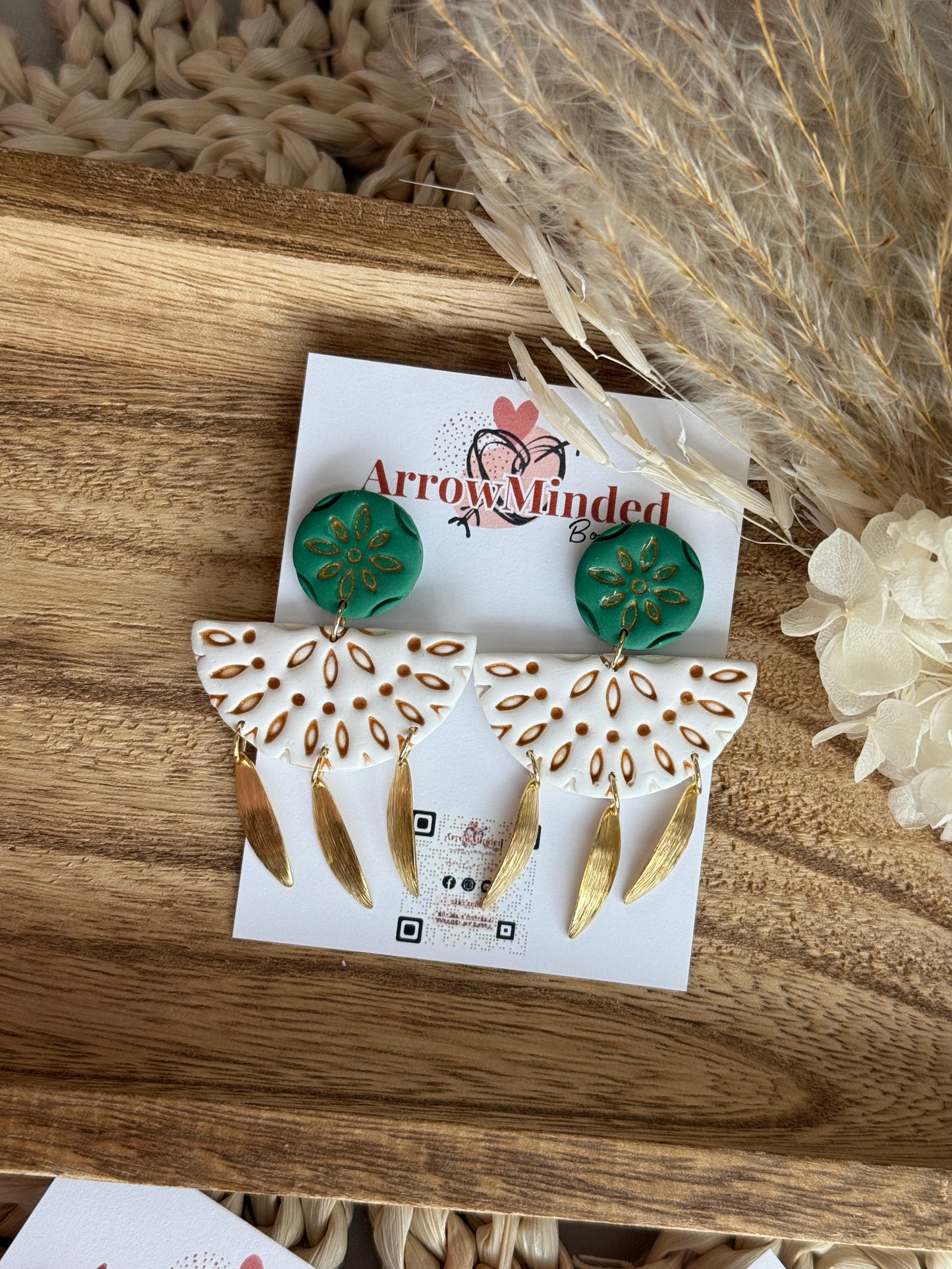 Handmade Boho Green & White Gold Dangles