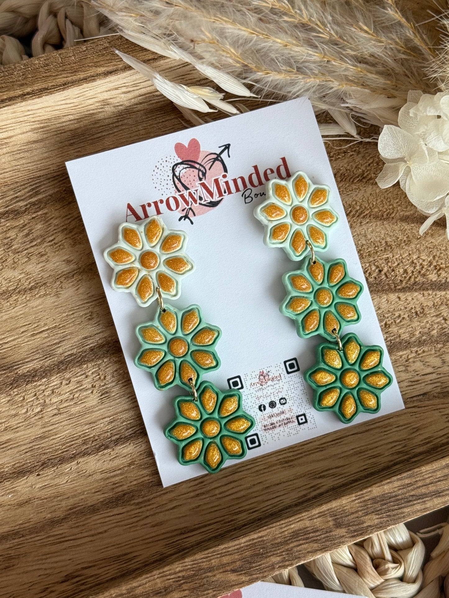Handmade White to Green Gold Petal Floral Earrings