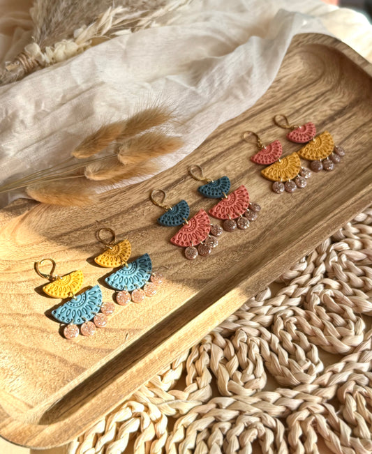 Handmade Warm Toned Layered Fan Earrings with Subtle Sparkle