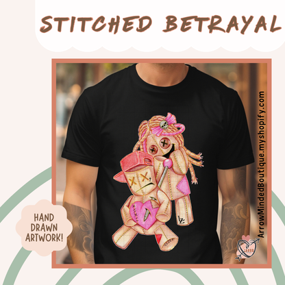Stitched Betrayal Graphic Tee | Hand Drawn Dark Art Shirt | Cute but Twisted Teddy Bear Design | Pencil to Print Collection