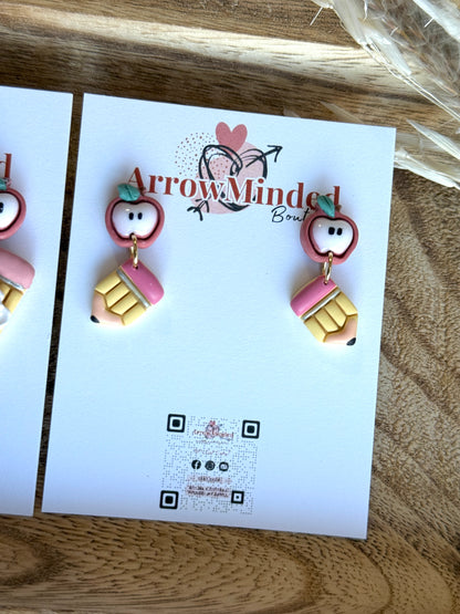 Handmade Apple and Pencil Dangle Earrings