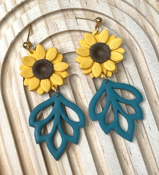 Handmade Autumn Sunflower Leafy Dangle Earrings