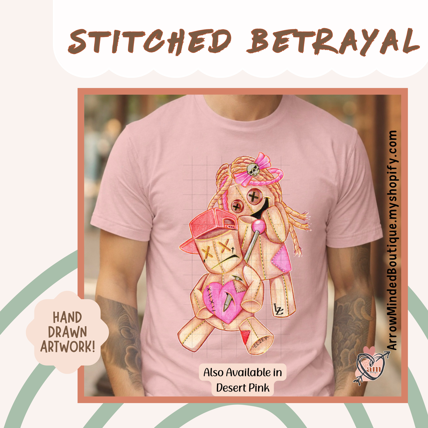 Stitched Betrayal Graphic Tee | Hand Drawn Dark Art Shirt | Cute but Twisted Teddy Bear Design | Pencil to Print Collection