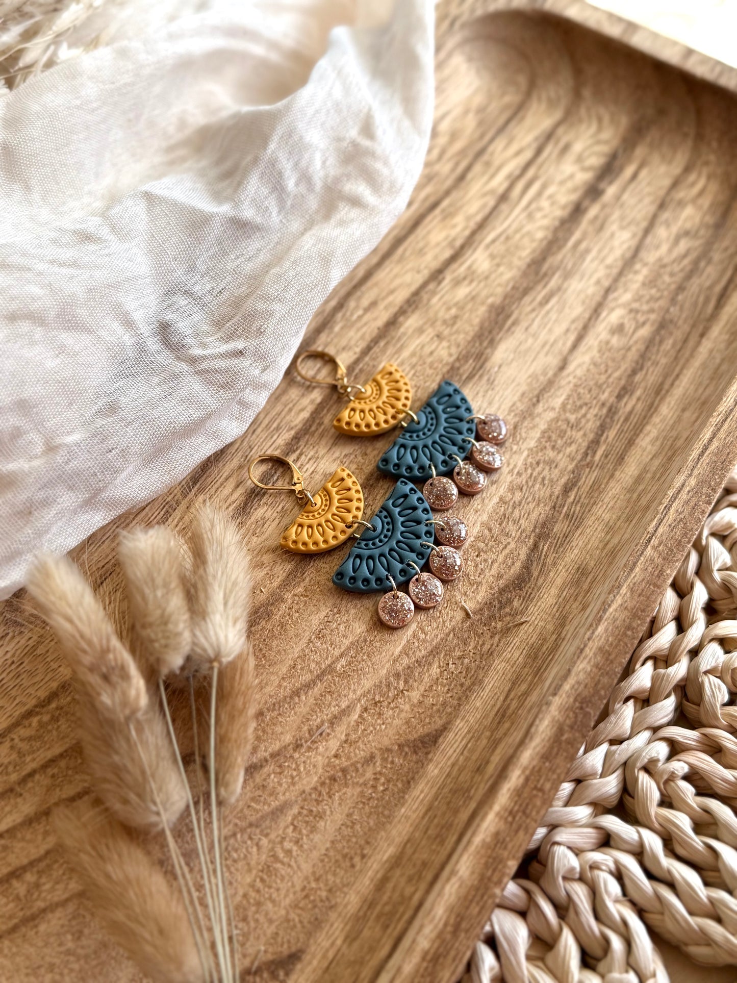 Handmade Warm Toned Layered Fan Earrings with Subtle Sparkle