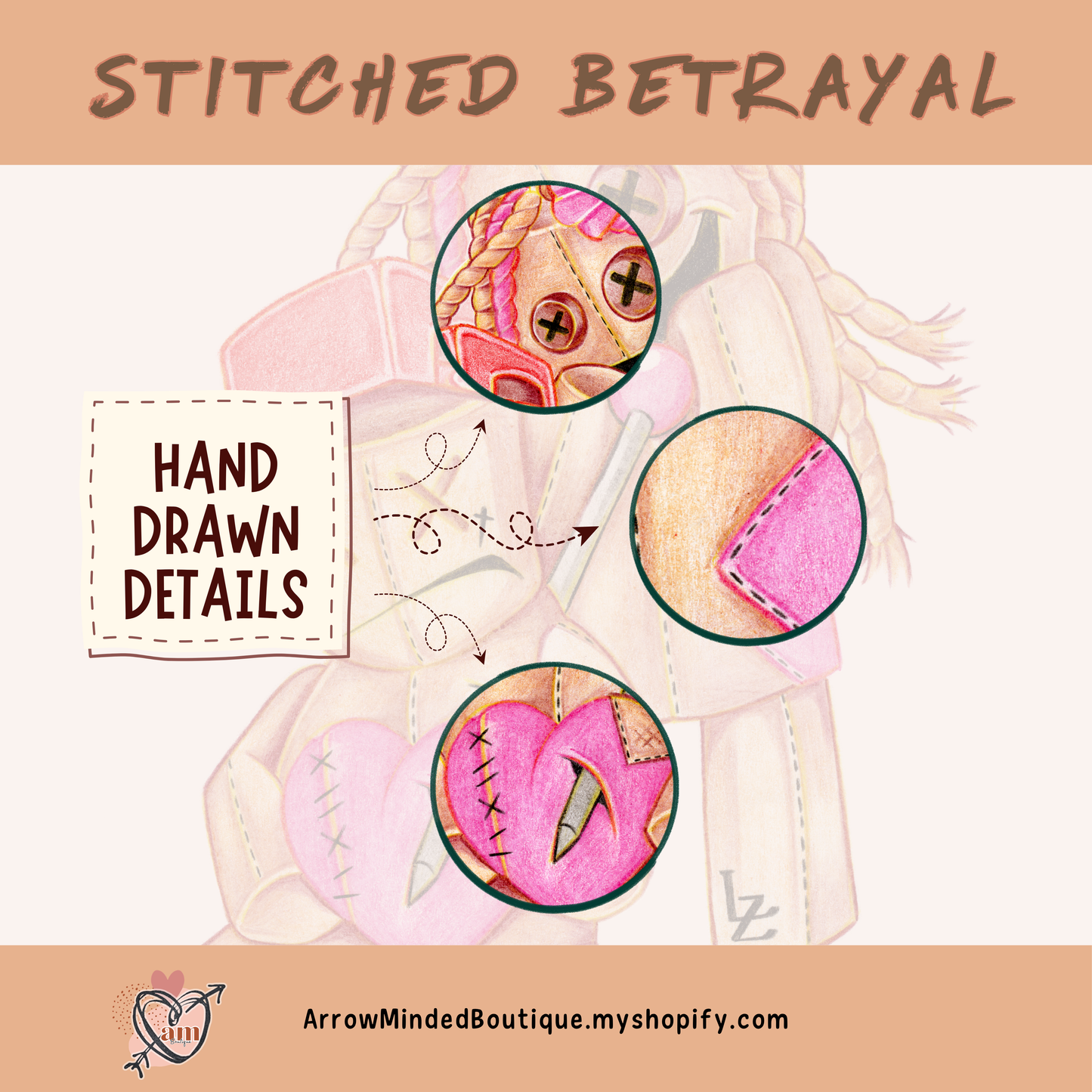 Stitched Betrayal Graphic Tee | Hand Drawn Dark Art Shirt | Cute but Twisted Teddy Bear Design | Pencil to Print Collection