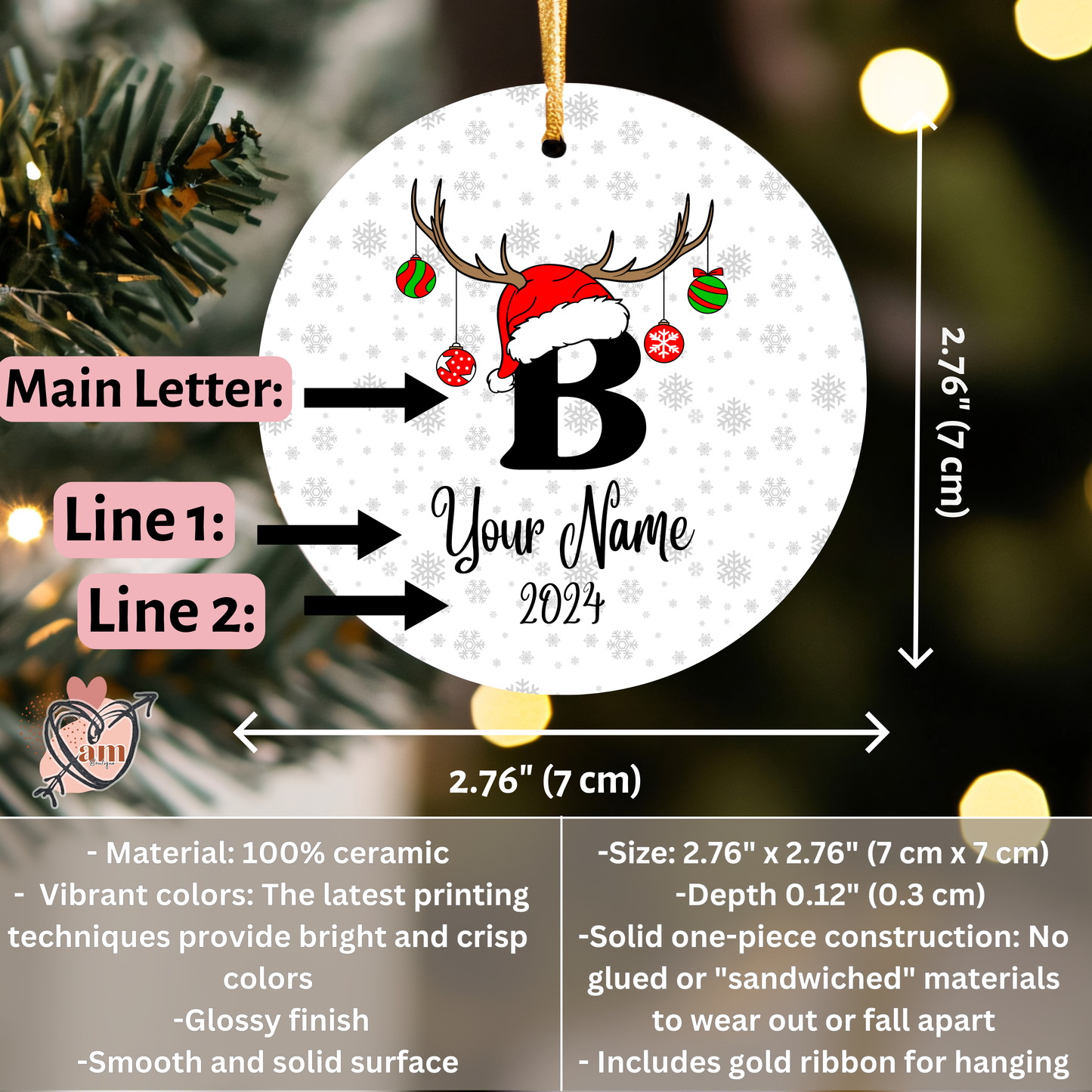 Custom Christmas Letter and Name Tree Personalized Ceramic Ornament