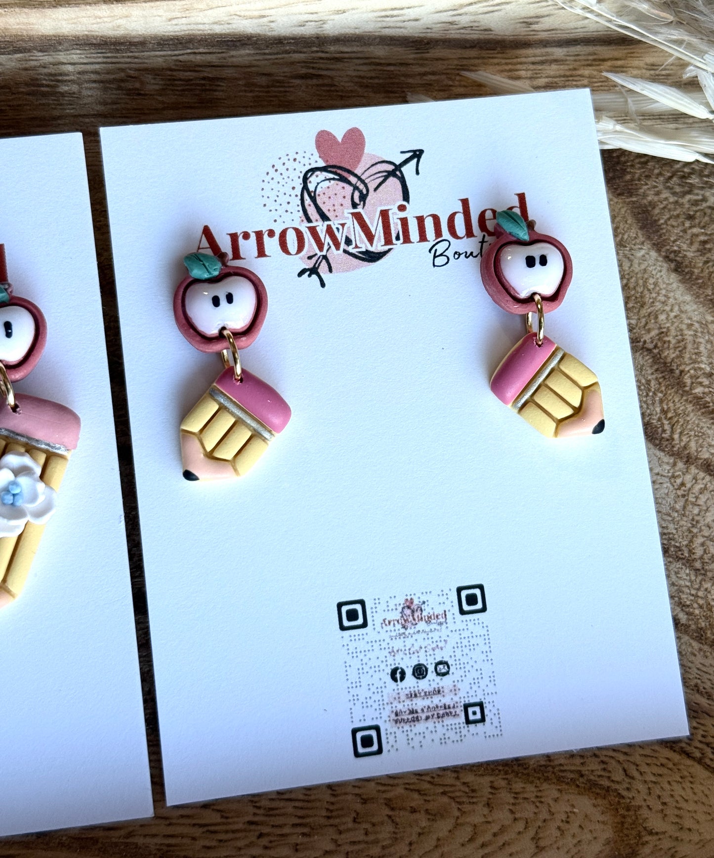 Handmade Apple and Pencil Dangle Earrings