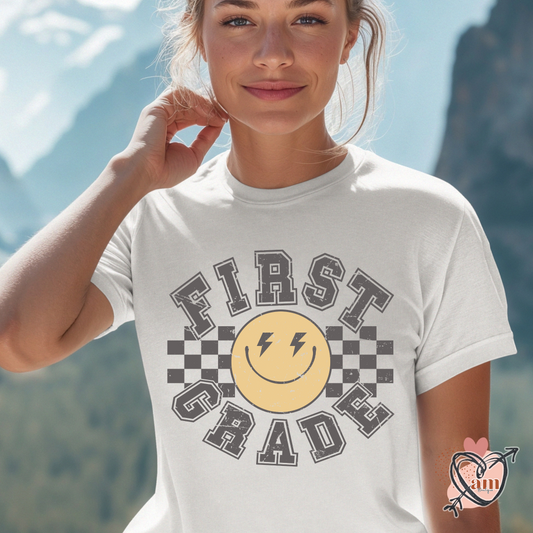 Teacher Emoji Checkered Tee - Customize Grade Level