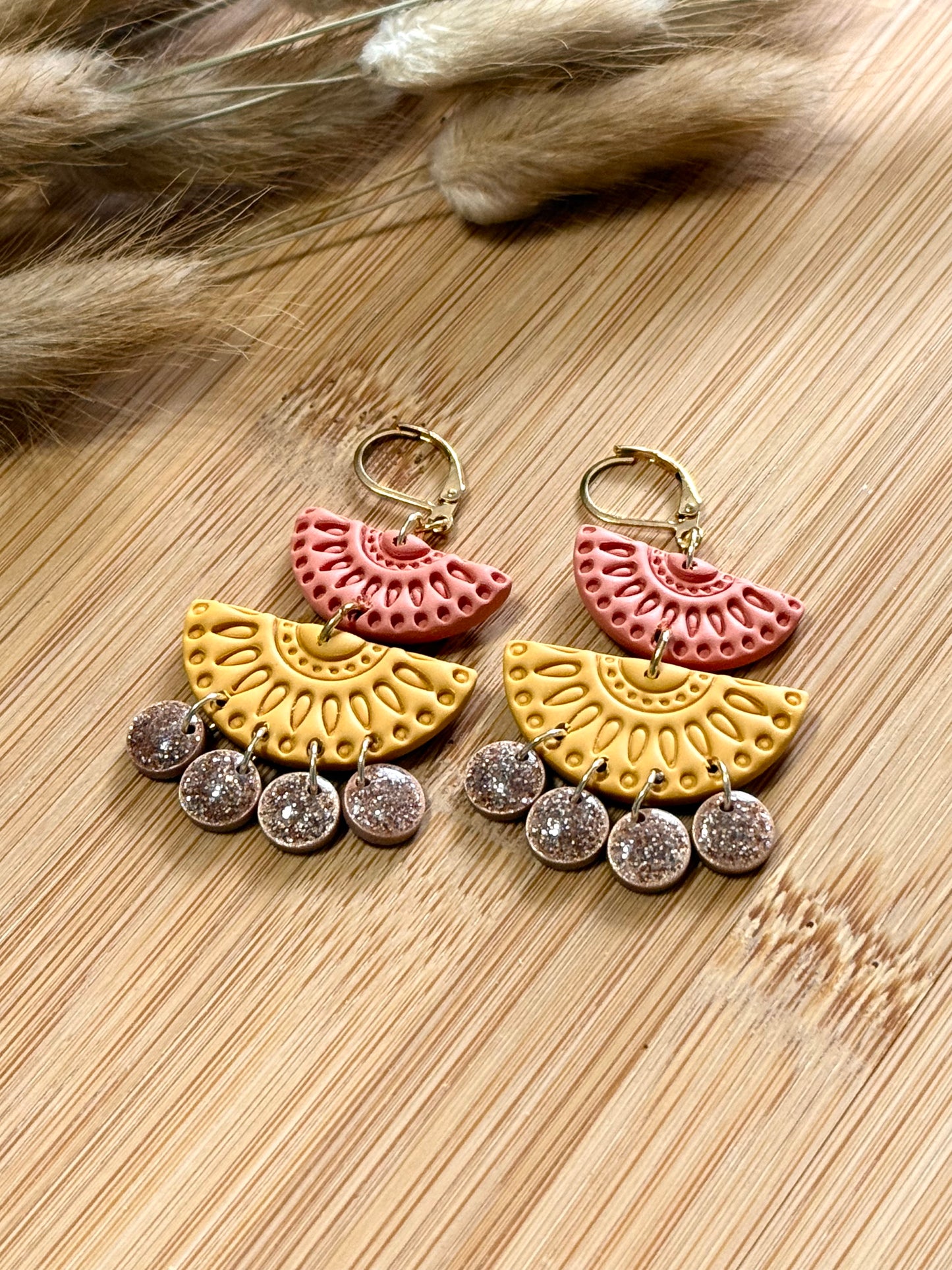 Handmade Warm Toned Layered Fan Earrings with Subtle Sparkle