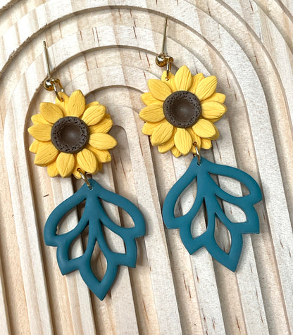 Handmade Autumn Sunflower Leafy Dangle Earrings