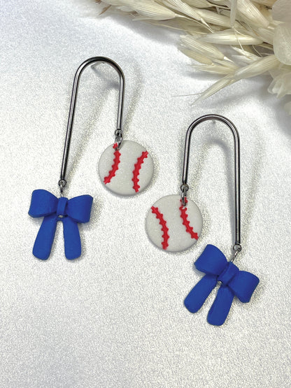 Handmade Baseball & Bow Dangle Earrings
