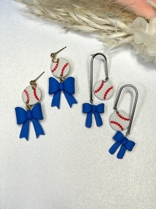 Handmade Baseball & Bow Dangle Earrings