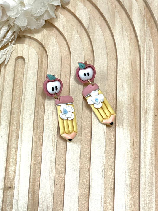 Handmade Apple and Pencil Dangle Earrings