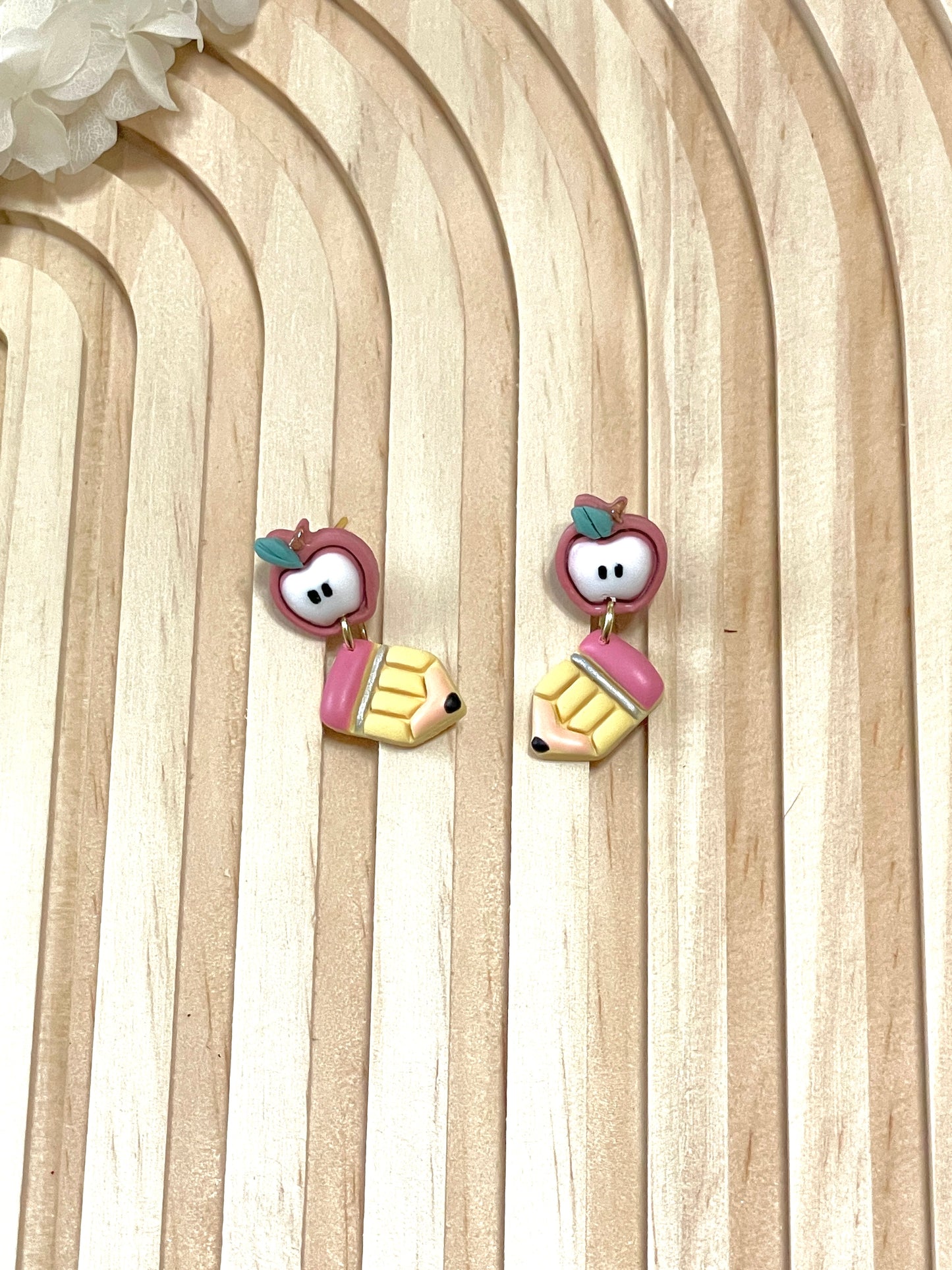 Handmade Apple and Pencil Dangle Earrings