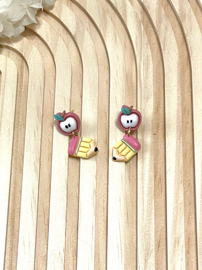 Handmade Apple and Pencil Dangle Earrings