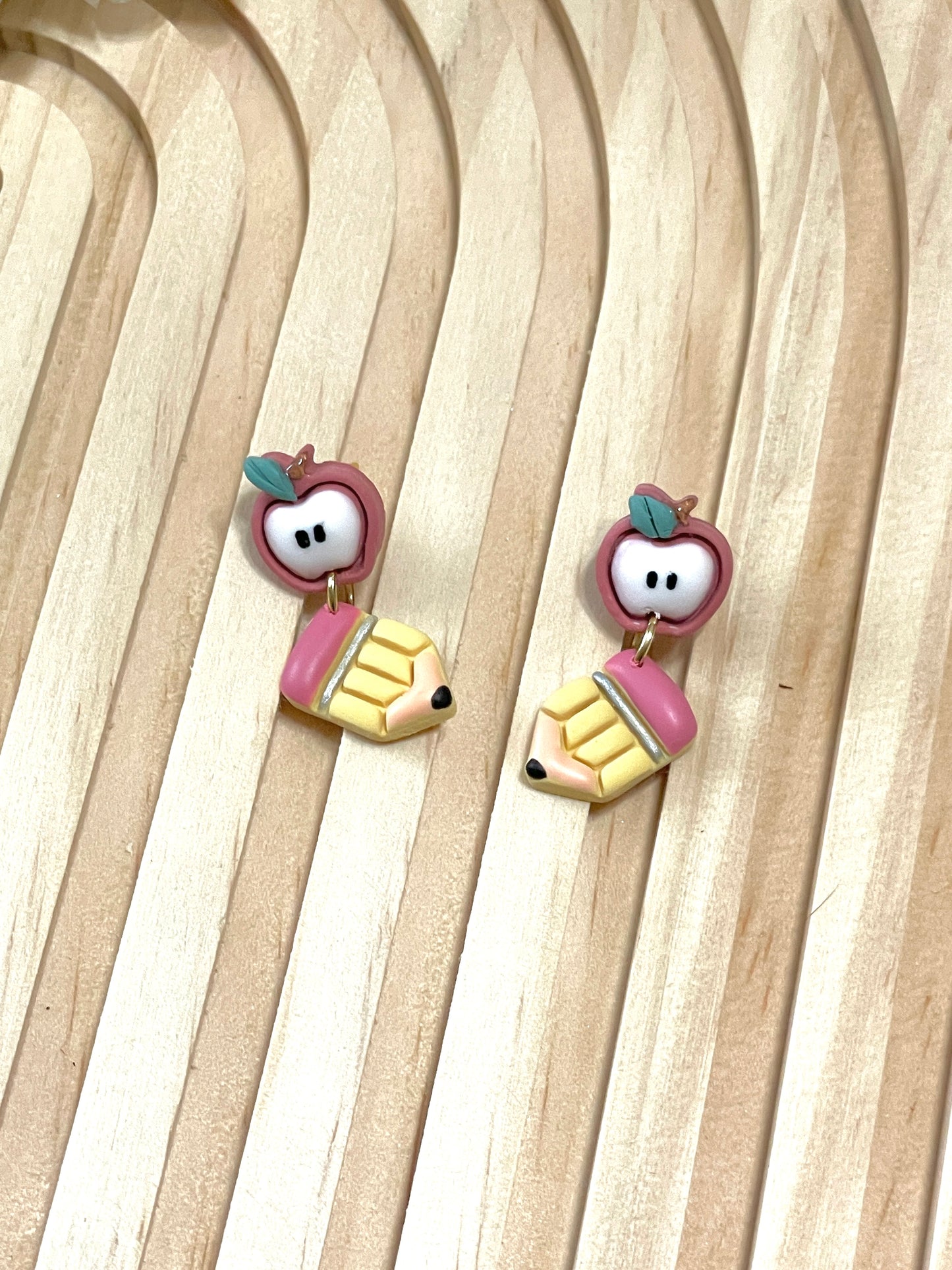 Handmade Apple and Pencil Dangle Earrings