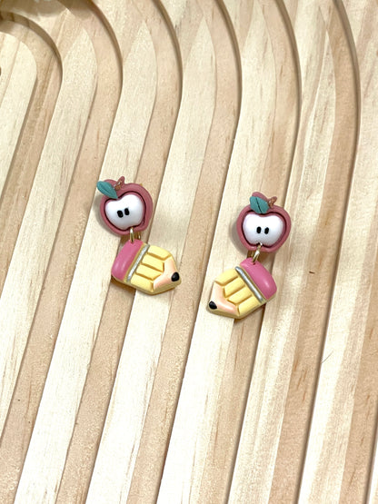 Handmade Apple and Pencil Dangle Earrings