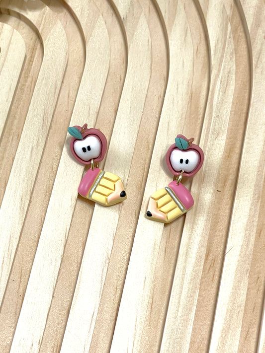 Handmade Apple and Pencil Dangle Earrings