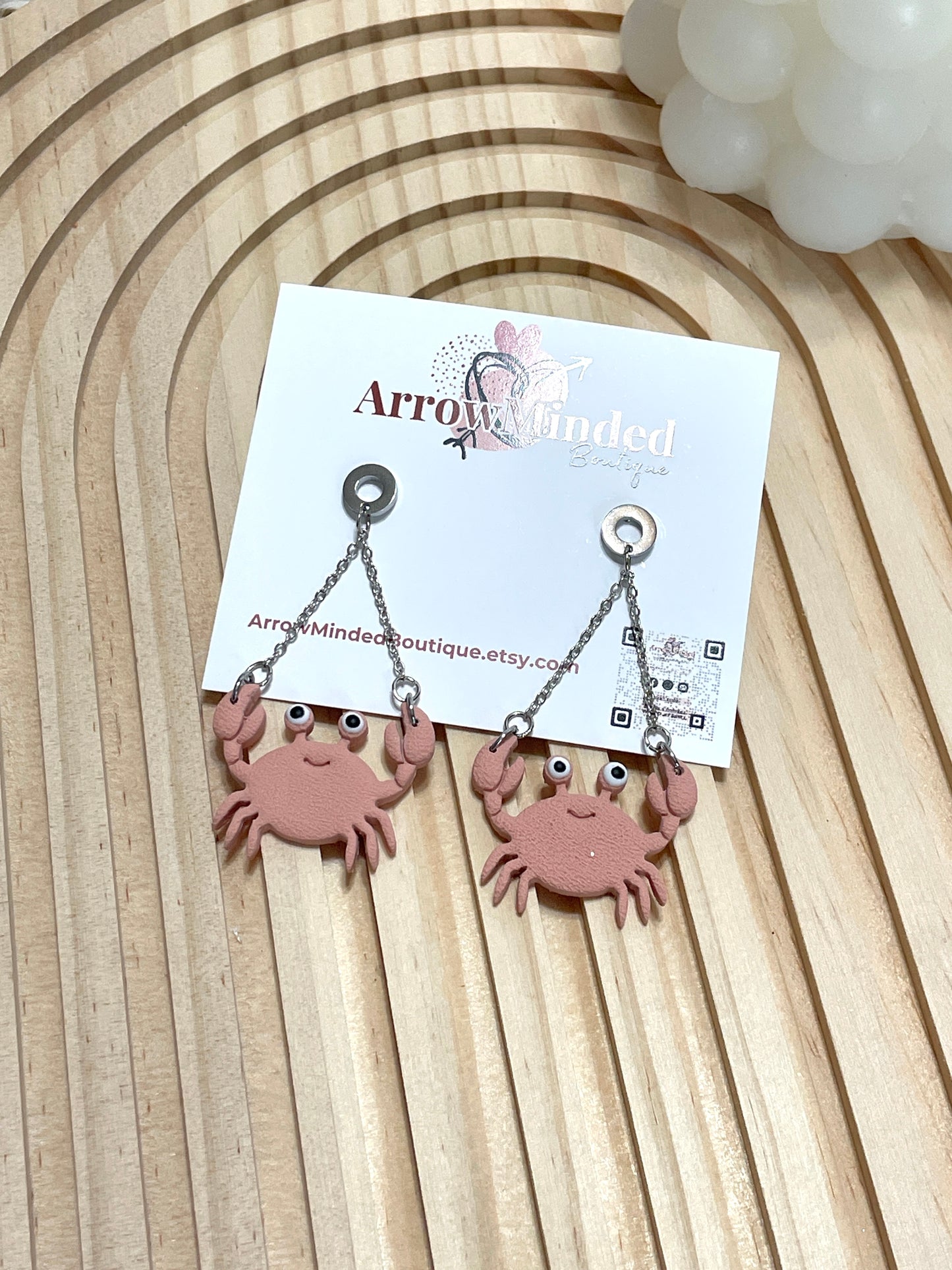 Handmade Pink Crab Dangle Earrings