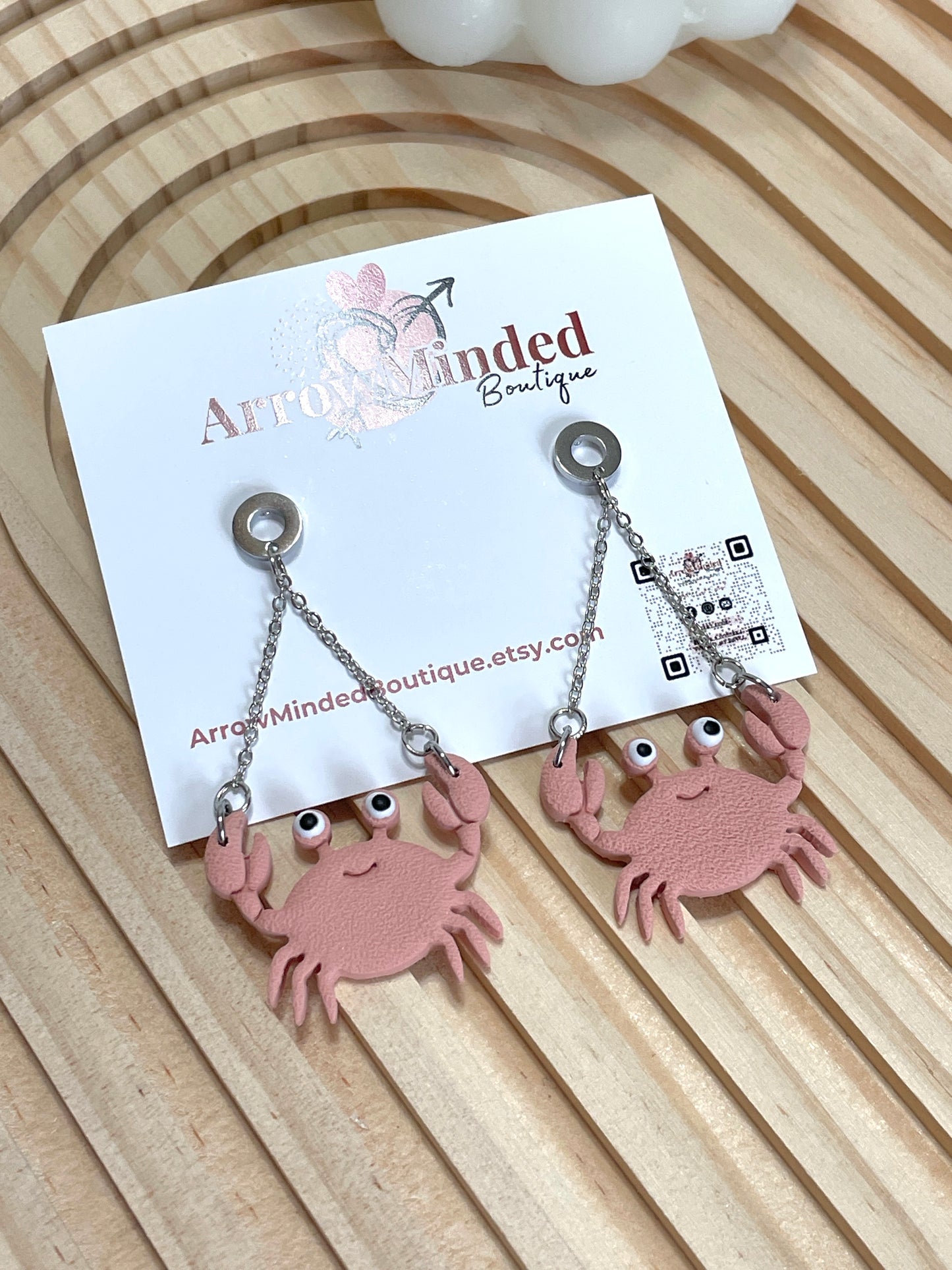 Handmade Pink Crab Dangle Earrings