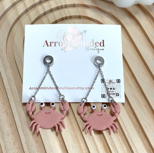 Handmade Pink Crab Dangle Earrings