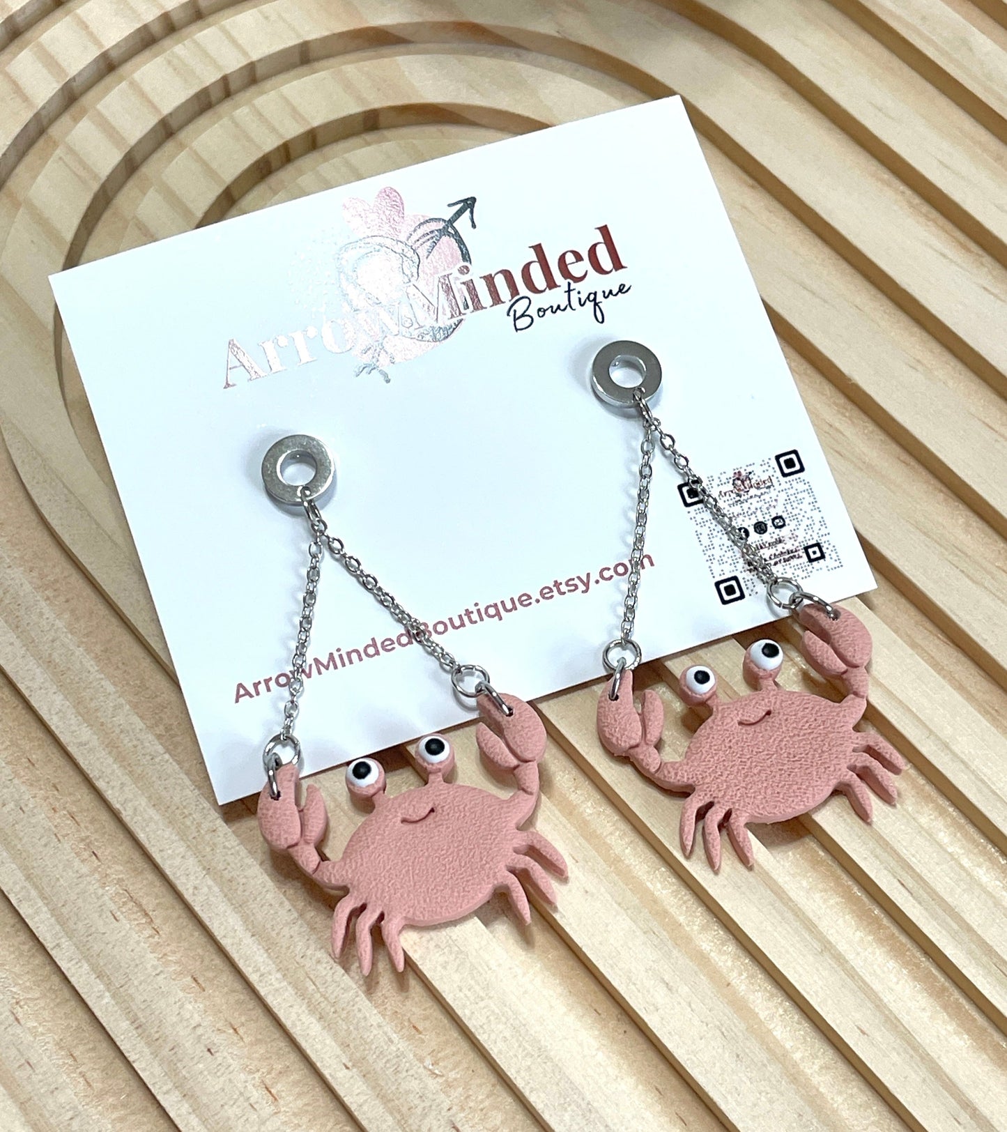 Handmade Pink Crab Dangle Earrings
