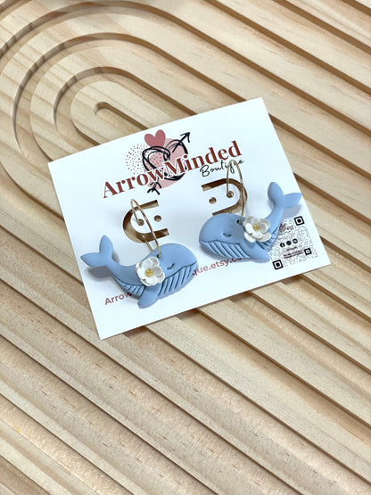 Handmade Blue Whale Floral Hoop Earrings