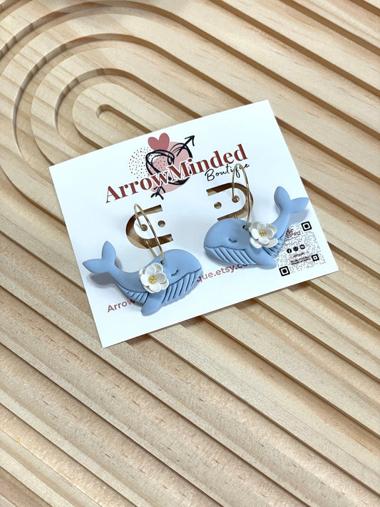 Handmade Blue Whale Floral Hoop Earrings