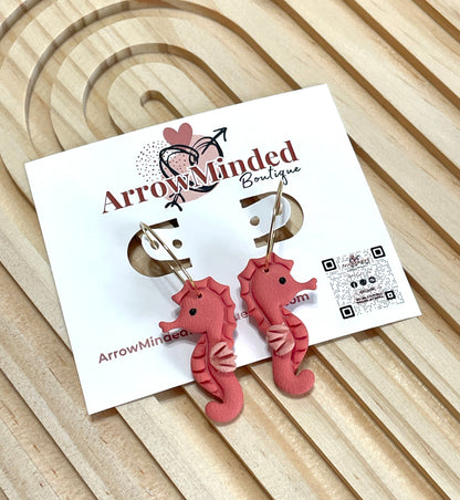 Handmade Coral Seahorse Hoop Earrings