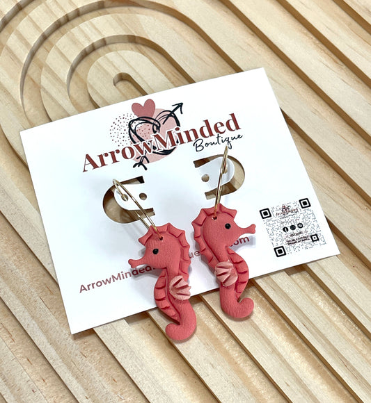 Handmade Coral Seahorse Hoop Earrings