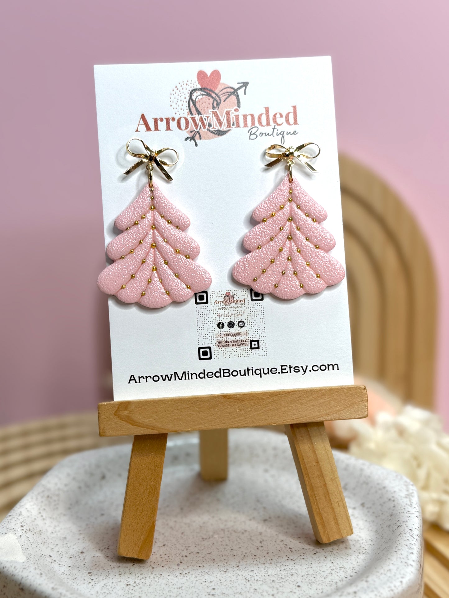 Handmade Festive Pink Christmas Tree Earrings