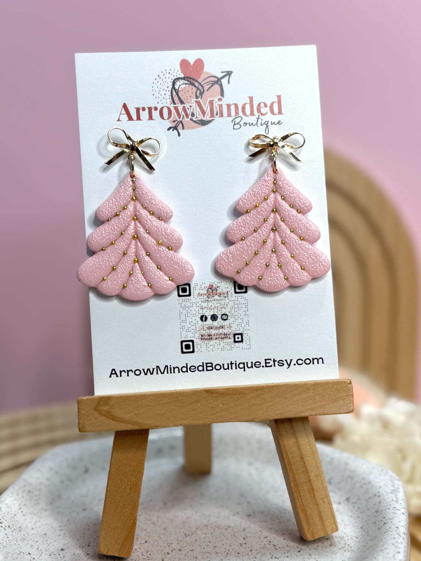 Handmade Festive Pink Christmas Tree Earrings