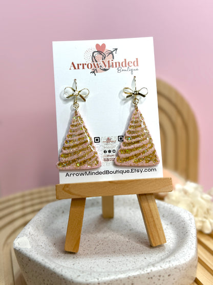 Handmade Pink Glittery Christmas Tree Earrings